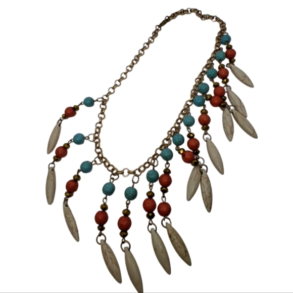 Bold Boho Magnesite Stone Statement Necklace – Turquoise & Coral Tones - Picture 3 of 6